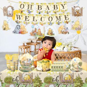 150pcs Bear Baby Shower Decorations Tableware Set, Oh Baby Pooh Plates and Napkins Banner Set Bear Baby Shower Decorations, Classic Pooh Baby Shower Decorations for Boys Girls Newborn