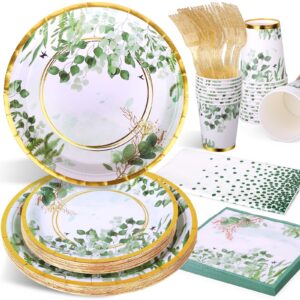 Etsutomy Sage Green Party Decoration, 126PCS Sage Green Plates and Napkins Party Supplies, Spring Greenery Eucalyptus Green Leaves Disposable Dinnerware Decor for Wedding Birthday Baby Shower