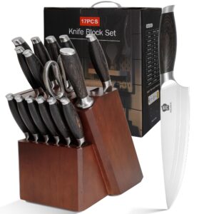 WILDMOK Kitchen Knife Block Set, 17-piece Knife Set with Wooden Block German Steel Kitchen Knives Sets with Bone Chopper, Gift Box