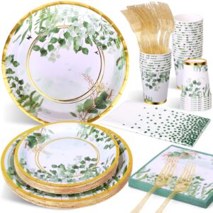 Etsutomy Sage Green Party Decoration, 126PCS Sage Green Plates and Napkins Party Supplies, Spring Greenery Eucalyptus Green Leaves Disposable Dinnerware Decor for Wedding Birthday Baby Shower