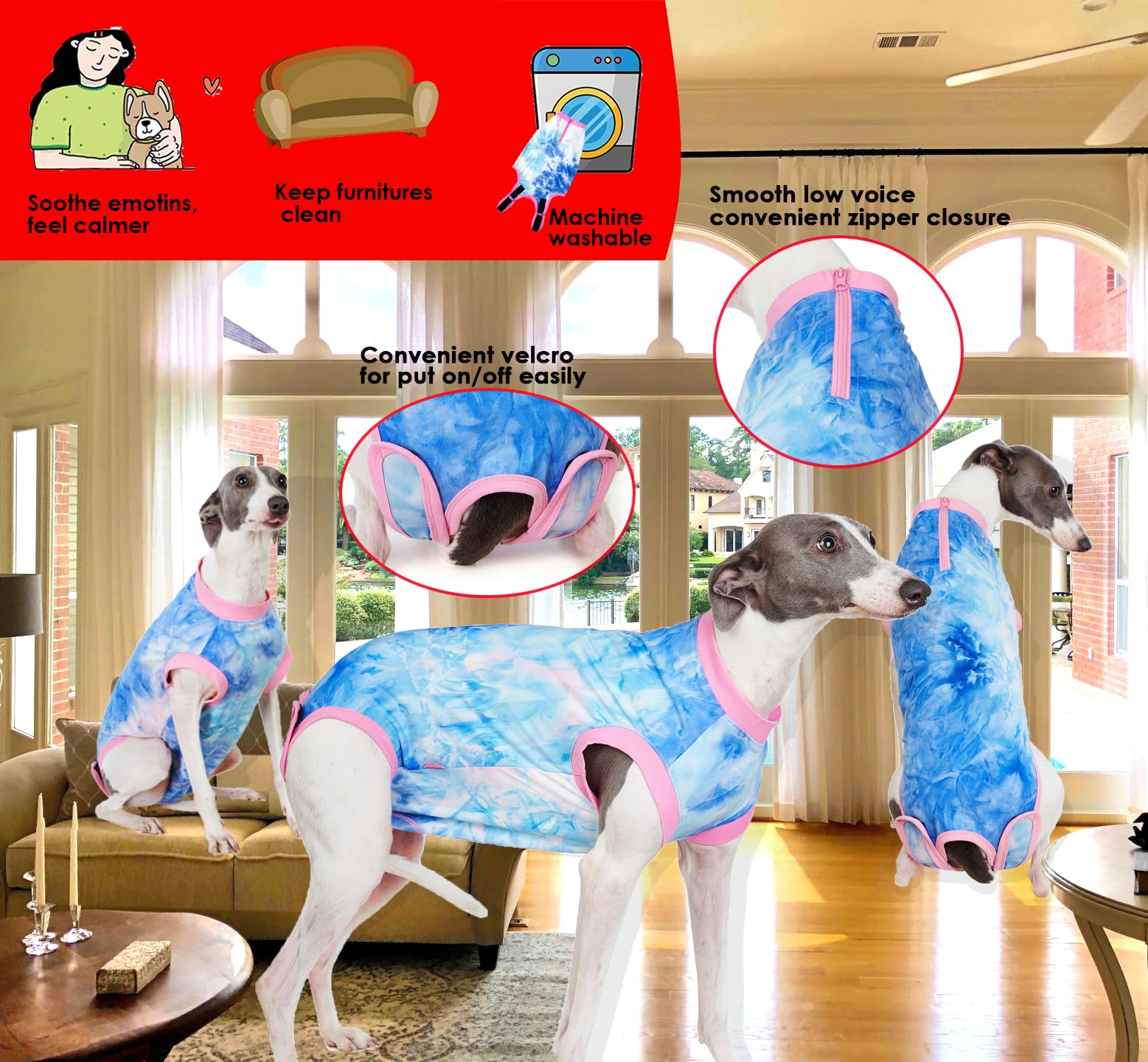 Wabdhaly Dog Surgery Recovery Suit for Medium Female Spay,Anti Licking Dog Surgical Recovery Onesie,Tie Dye Blue Pink M