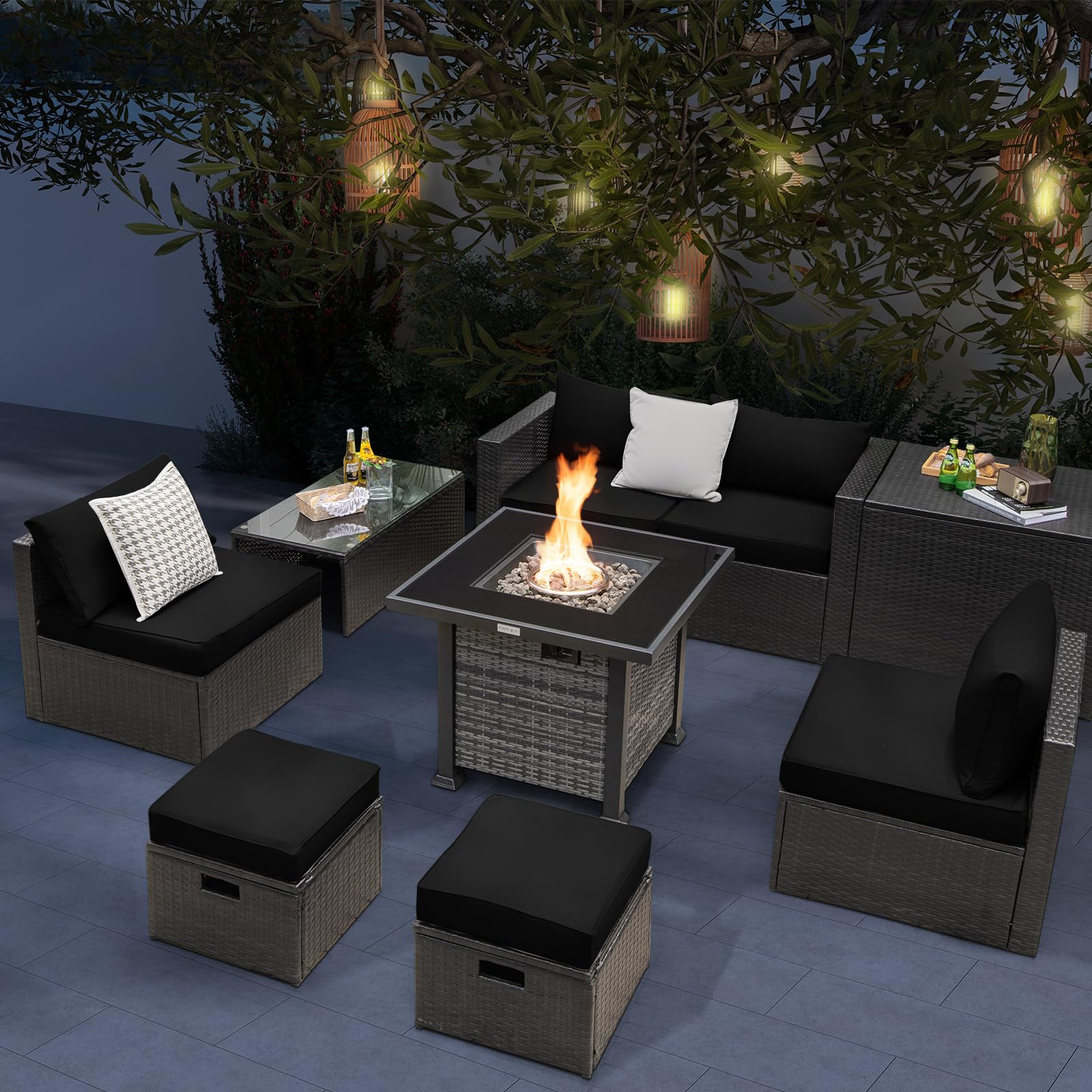 Tangkula 9 Pieces Patio Furniture Set with 50,000 BTU Propane Fire Pit Table, Outdoor Wicker Space-Saving Sectional Sofa Set with Storage Box, 32” Square Gas Fire Pit (Black)