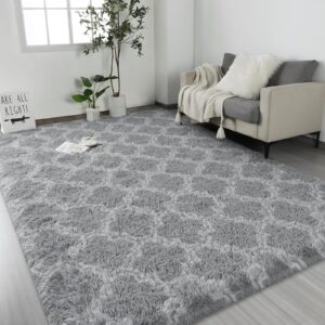 lascpt 6×9 large shag area rugs for bedroom, light grey living room rug super soft plush fluffy carpets, moroccan geometric rug for home decor, non-slip indoor floor rug for dorm nursery