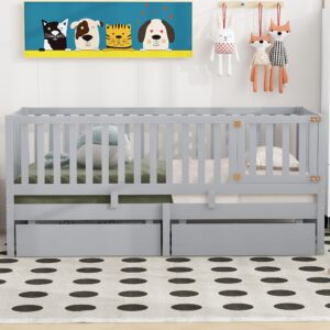 Twin Size Daybed with Fence Guardrails and 2 Drawers, Wood Twin Bed Frame Montessori Bed with Storage for Kids Girls Boys ,Can Split into Independent Floor Bed & Storage Daybed ,Grey