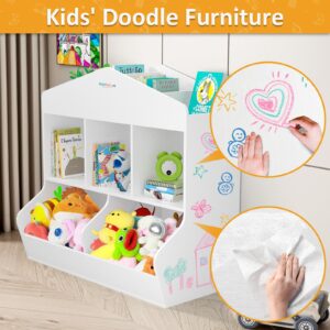 Doodlefurni Toy Organizers and Storage, Odor-Free Wood Kids Bookshelf, Toy Storage, Book Shelf Organizer for Kids, Suitable for Children's Rooms, Playrooms, Nursery, Paintable, Easy to Clean.