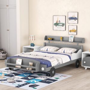 citylight full size car beds for boys, full bed frame with with storage shelf, wooden kids car full bed for boys with wheels for child's bedroom,grey