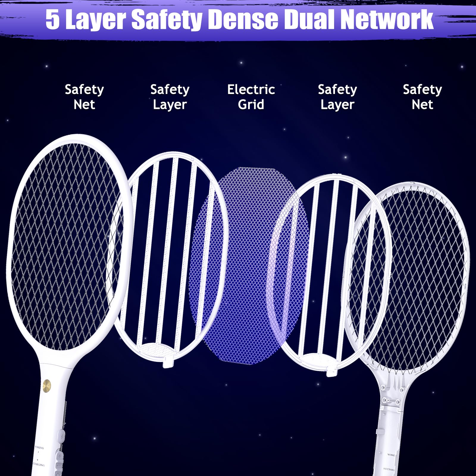 2 Pack Electric Fly Swatter Racket 3000V Bug Zapper 2 in 1 Mosquito Zapper USB Rechargeable, 1200mAh Mosquitoes Killer Lamp & Fly Zapper with 3 Layer Safety Mesh for Home