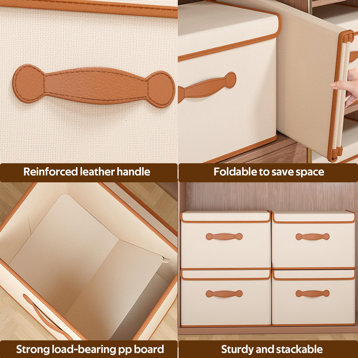 DOORSOUT Foldable Storage Boxes with Lids, Fabric Storage Box with Handles, Extra Large Storage Basket Bins For Wardrobe Clothes Toy 38 * 26 * 25cm (3Pack Beige)