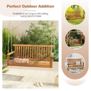 Tangkula 2 Person Hanging Porch Swing, Wooden Patio Swing with 2 Hanging Hemp Ropes, Slatted Seat & Back, 800Lbs Acacia Wood Outdoor Swing Bench for Backyard Deck Garden