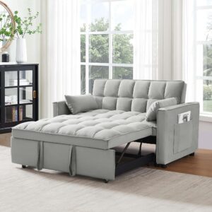 sumkea pull out couch bed sleeper sofa, velvet 3-in-1 loveseat sofa bed with pull-out bed, two throw pillows, grey