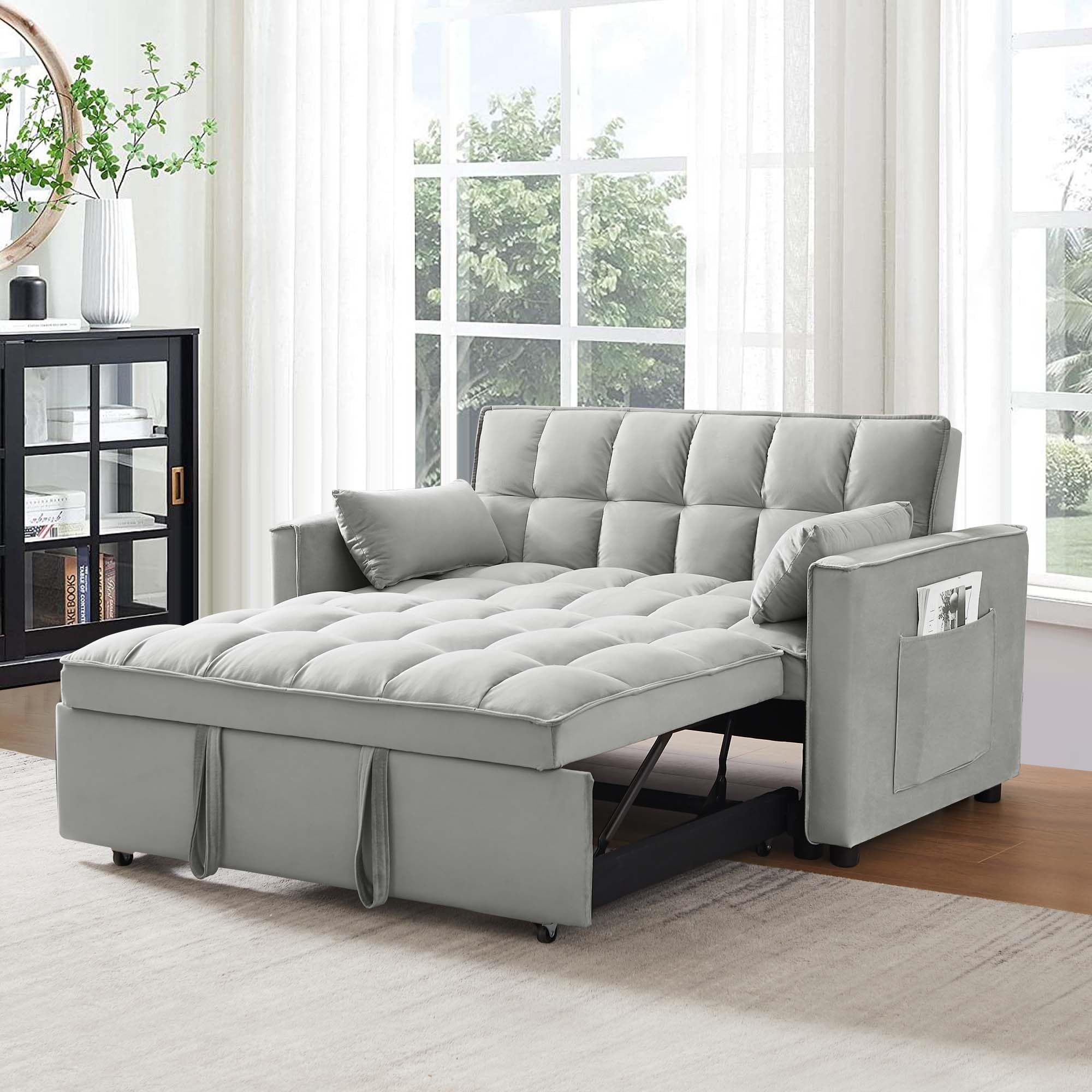 SumKea Pull Out Couch Bed Sleeper Sofa, Velvet 3-in-1 loveseat Sofa Bed with Pull-Out Bed, Two Throw Pillows, Grey