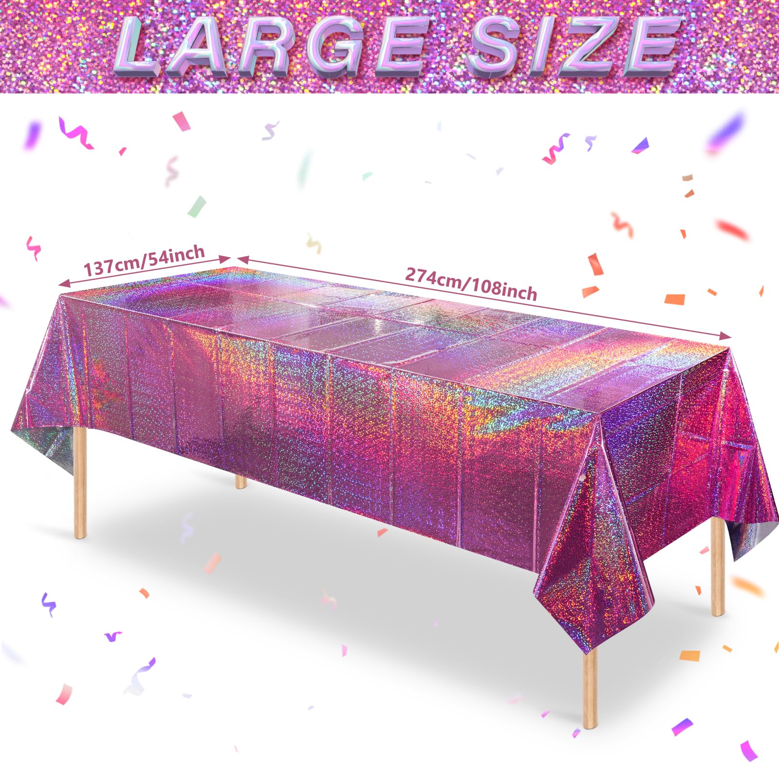 FunnyPars 3 Pack Pink Iridescent Table Cloth for Parties, Pink Plastic Shiny Laser Table Covers, Disposable Holographic Foil Tablecloth Iridescent Party Decorations for Girl Birthday Wedding, 54x108