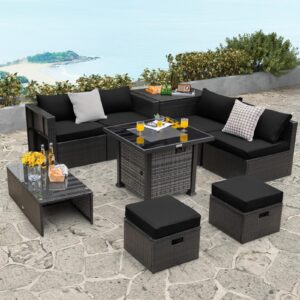 Tangkula 9 Pieces Patio Furniture Set with 50,000 BTU Propane Fire Pit Table, Outdoor Wicker Space-Saving Sectional Sofa Set with Storage Box, 32” Square Gas Fire Pit (Black)