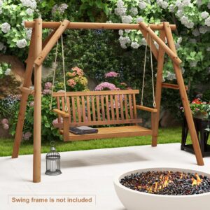 Tangkula 2 Person Hanging Porch Swing, Wooden Patio Swing with 2 Hanging Hemp Ropes, Slatted Seat & Back, 800Lbs Acacia Wood Outdoor Swing Bench for Backyard Deck Garden