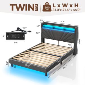 Rolanstar Twin Size Bed Frame, Storage Headboard with Charging Station and LED Lights, Upholstered Bed with Heavy Duty Wood Slats, No Box Spring Needed, Noise Free, Easy Assembly, Dark Grey