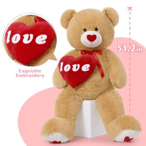 MaoGoLan Giant Teddy Bear Plush Toy, 51”Large Bear Stuffed Animal with Red Heart Pillow for Valentine Day Sweet Romantic Anniversary Birthday Christmas, Big Teddy Bear for Her Girlfriend Wife