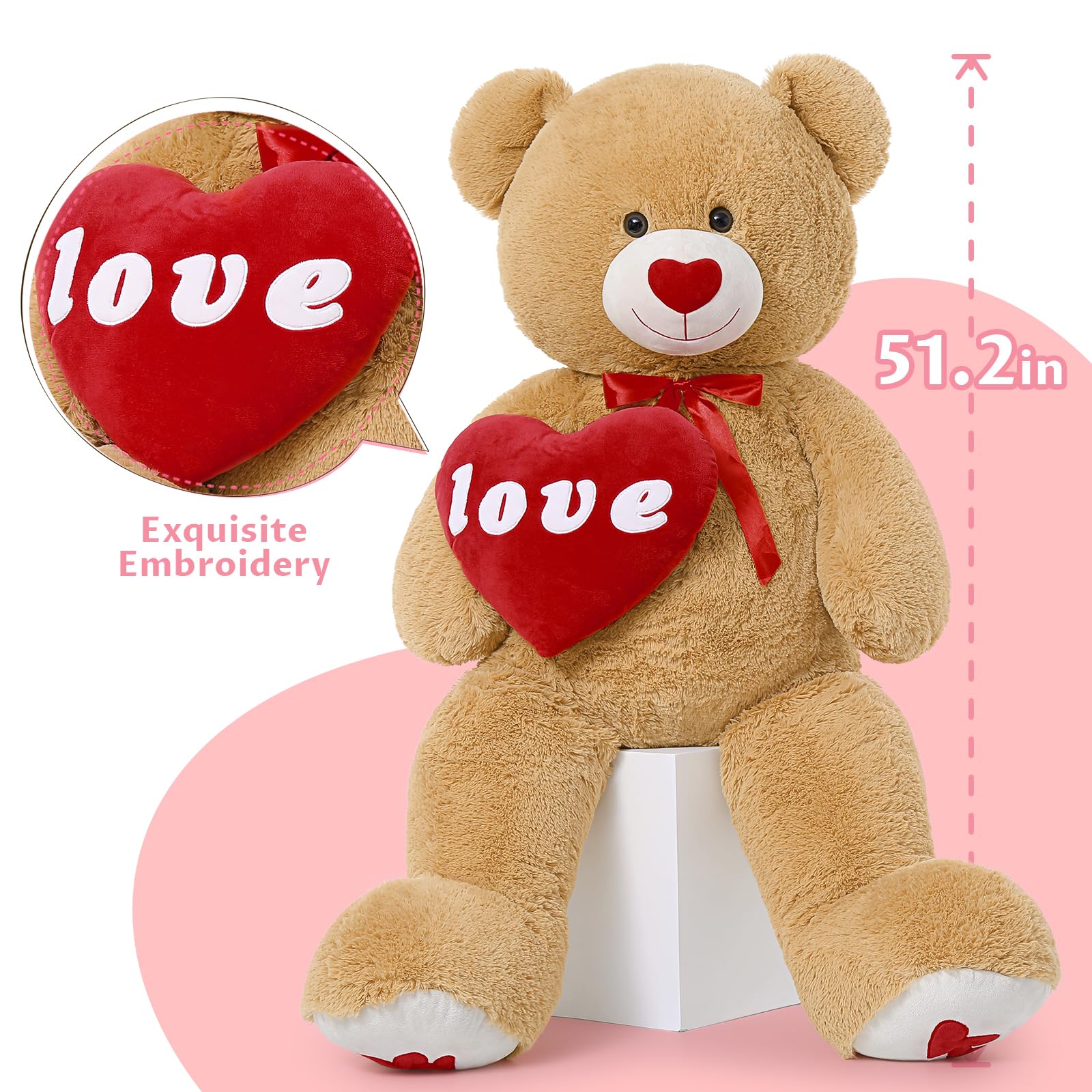 MaoGoLan Giant Teddy Bear Plush Toy, 51”Large Bear Stuffed Animal with Red Heart Pillow for Valentine Day Sweet Romantic Anniversary Birthday Christmas, Big Teddy Bear for Her Girlfriend Wife