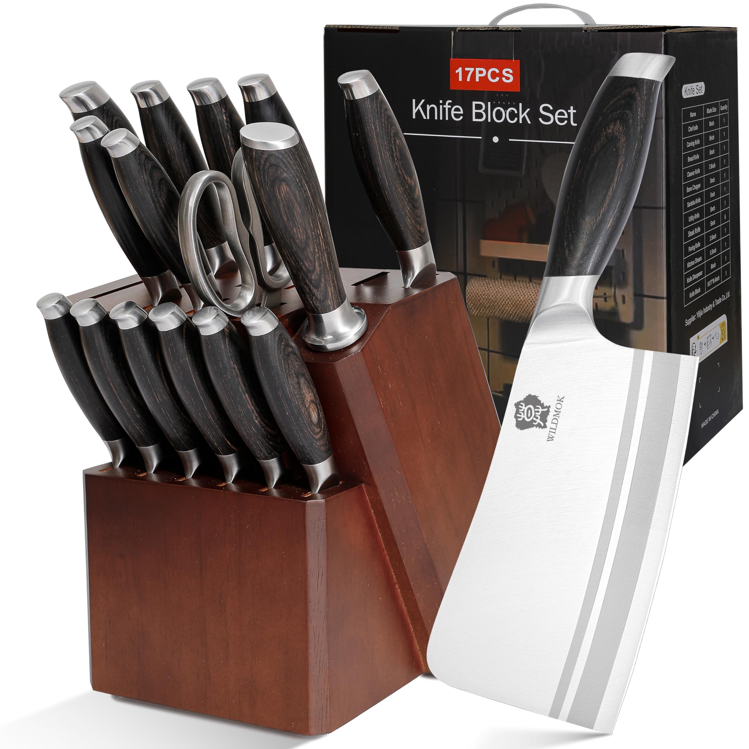 WILDMOK Kitchen Knife Block Set, 17-piece Knife Set with Wooden Block German Steel Kitchen Knives Sets with Bone Chopper, Gift Box