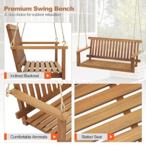 Tangkula 2 Person Hanging Porch Swing, Wooden Patio Swing with 2 Hanging Hemp Ropes, Slatted Seat & Back, 800Lbs Acacia Wood Outdoor Swing Bench for Backyard Deck Garden