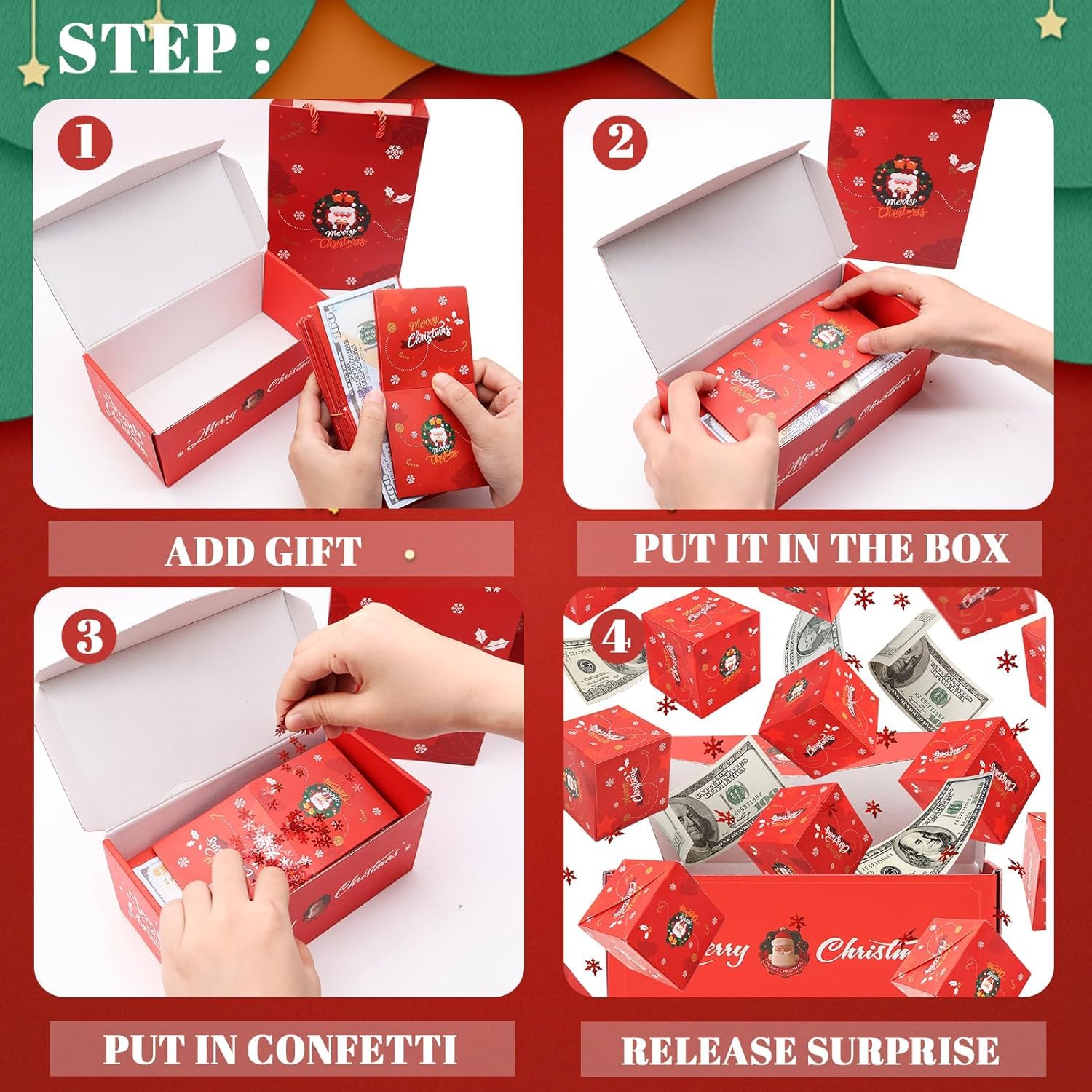 Surprise Box Gift Box for Money, Merry Christmas Surprise Gift Boxes, Folding Bouncing Pop-Up Explosion Gift Box, Gifts Boxes for Christmas Birthday Anniversary Valentine Proposal (Red-10pc)