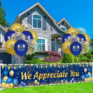 We Appreciate You Decorations Blue Gold Appreciate You Banner Yard Sign with 18 Pcs Balloons Thank You for All You Do Banner Employee Staff Appreciation Gifts Teacher Doctor Appreciation Party Decor