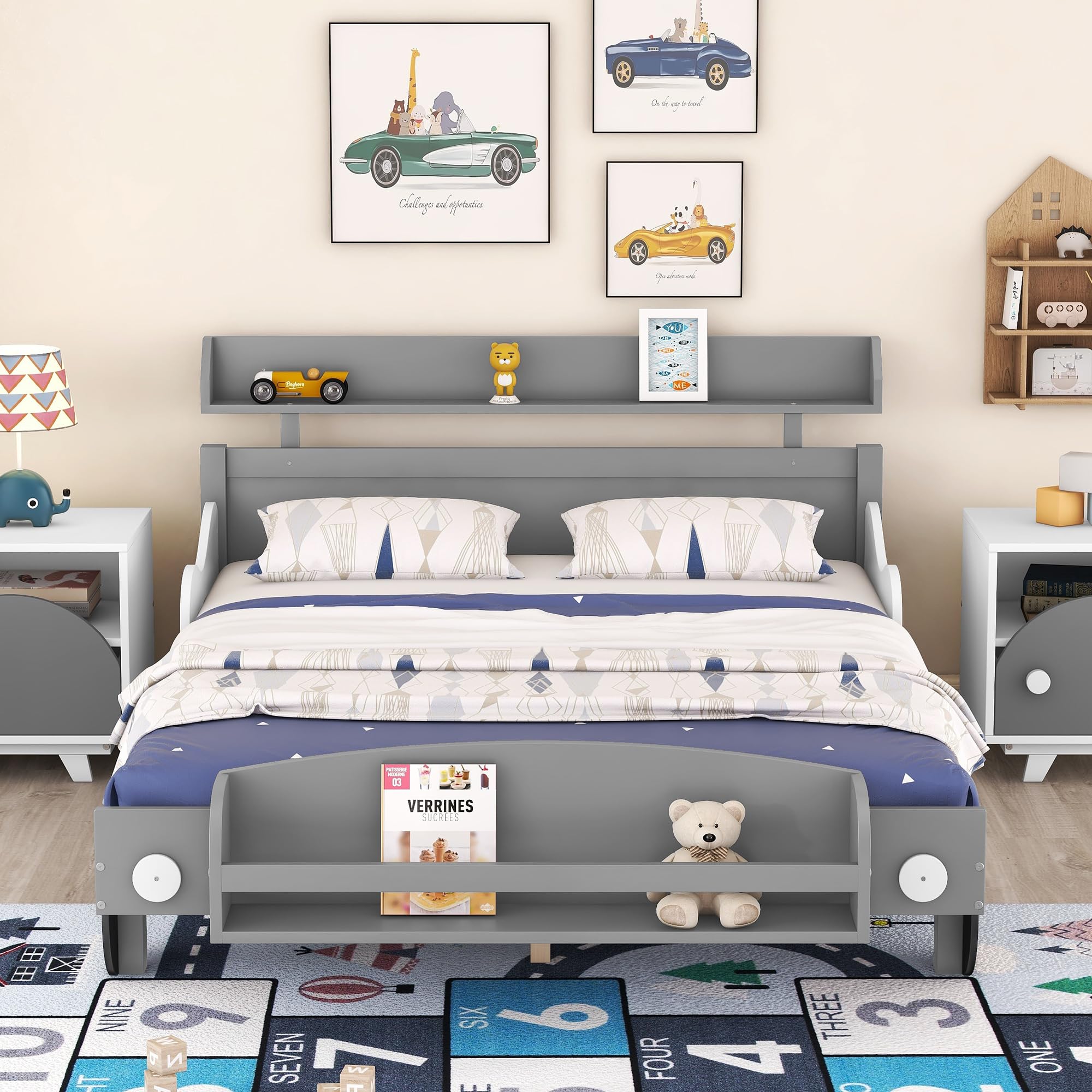 CITYLIGHT Full Size Car Beds for Boys, Full Bed Frame with with Storage Shelf, Wooden Kids Car Full Bed for Boys with Wheels for Child's Bedroom,Grey