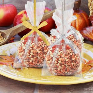 MGWOTH Candy Apple Bags and Sticks Set of 50, Caramel Apple Wrapping Kit with Bamboo Skewer for Rice Krispie Treat, Fruit Pop Golden Glitter Ribbon Wrapper for Party Birthday Wedding Christmas Dessert