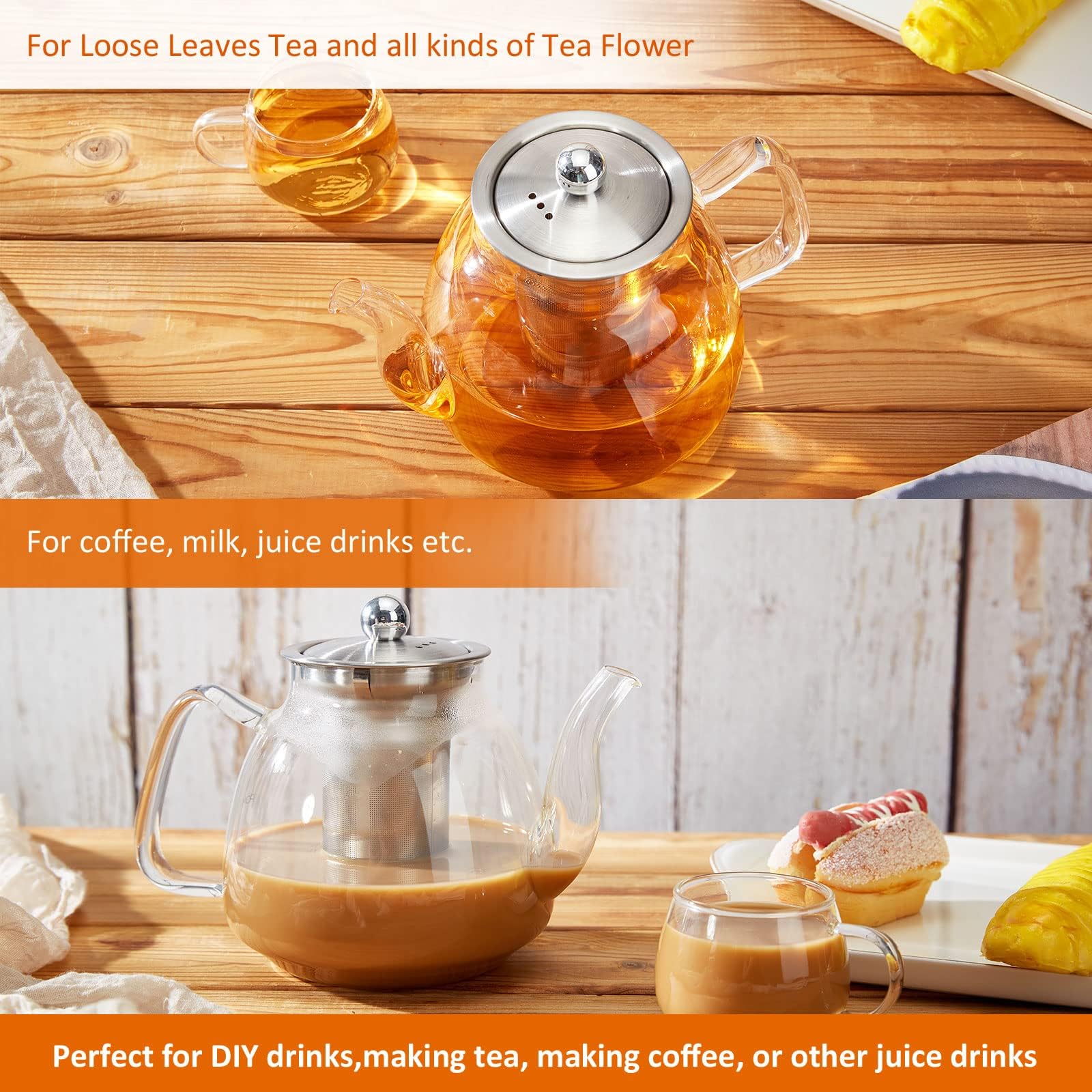 42oz/1250ml Glass Tea Kettle，Glass Teapot with Removable Stainless Steel Infuser, for Blooming and Loose Leaf Tea, Stovetop & Microwave Safe Tea Pot, Tea Maker's Choice