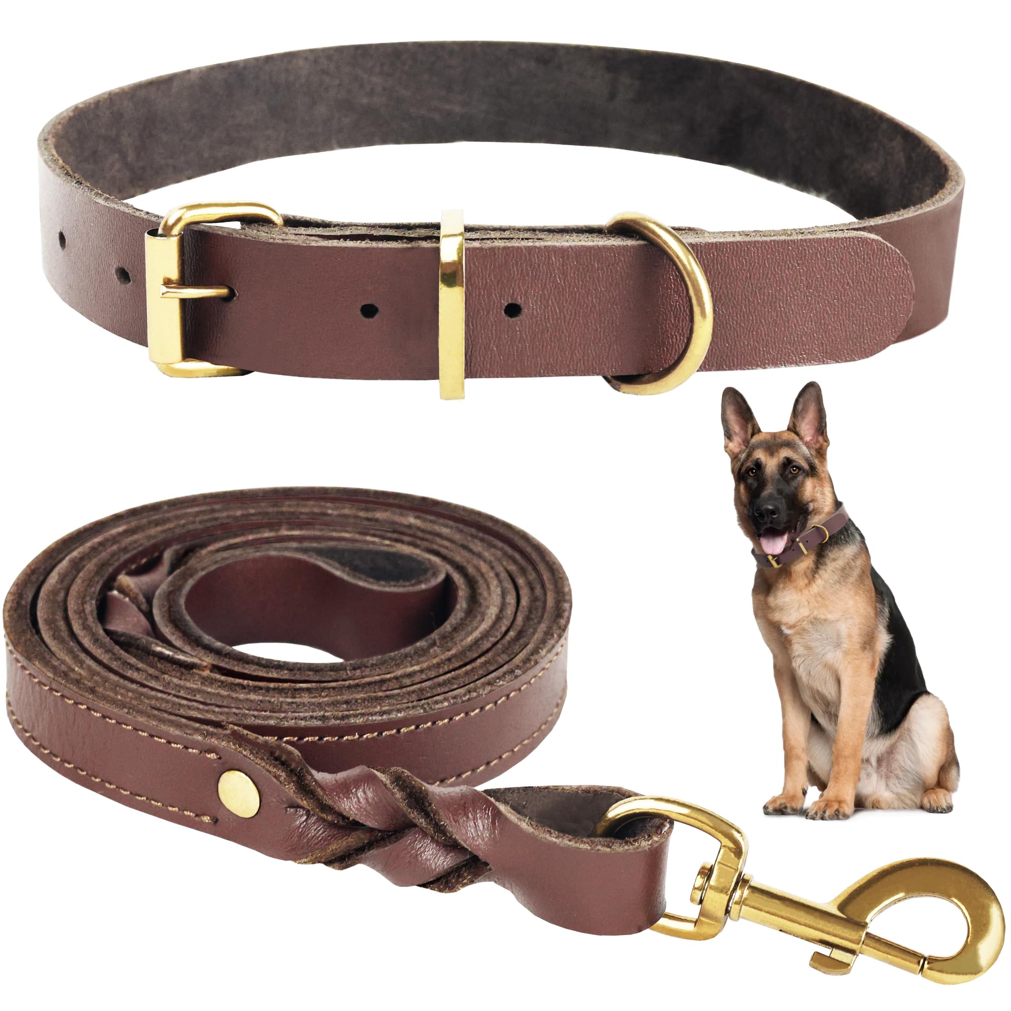 Heavy Duty Genuine Leather Dog Collar and Leash Set - 5ft Soft and Durable Leash and Collar Set with Metal Buckle - Adjustable Dog Collar Set, Compatible for Small to Medium Dogs