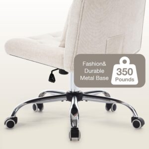 Armless Fabric Office Desk Chair with Wheels, Cross Legged Wide Seat Chair, Modern Home Office Chair with Lumbar Pillow, Comfortable Computer Task Chair for Small Space, Vanity Chair for Women, Girls