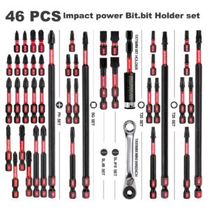 GEINXURN Impact Tough Magnetic Mixed 46Pack Insert Driver Bits, S2 Alloy Steel Screwdriver Power Bits Set with 1Pcs Impact Magnetic Bit Holder and Mini Wrench