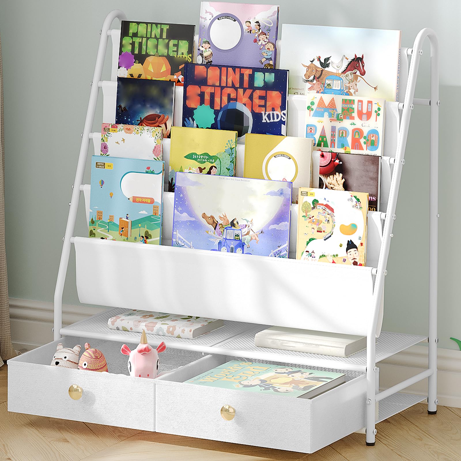 MAHANCRIS Kids Bookshelf, 4 Tier Bookcase, Kids Sling Book Rack with 2 Fabric Drawers, Storage Nursery Book Shelf for Children, Toy Organizer for Kids Room, Living Room, Study Room, White BKBW7401