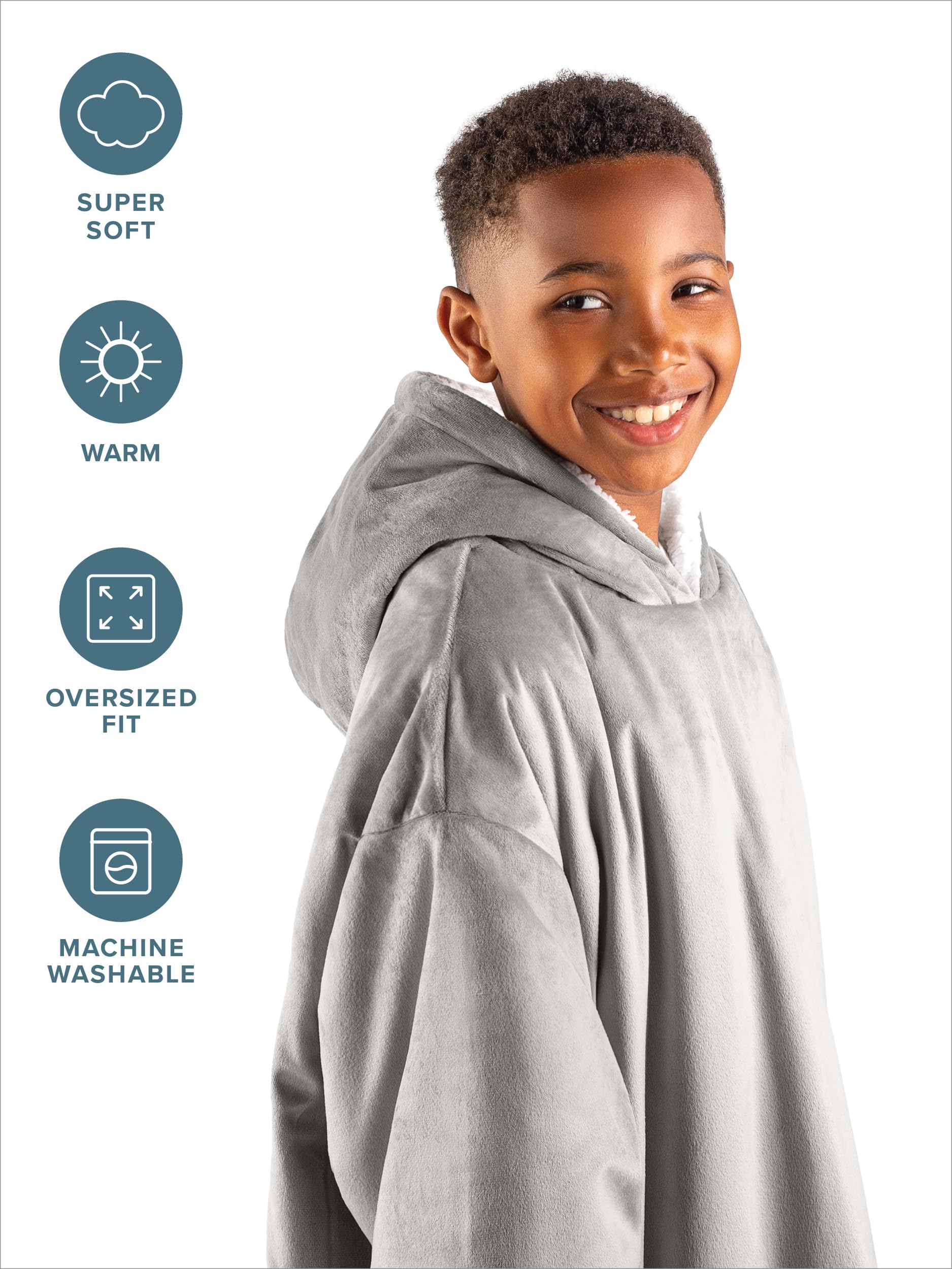 Bare Home Sherpa Fleece Wearable Blanket - Oversized Wearable Blanket Hoodie - Kids Size - Warm & Cozy - Soft Blanket - Comfortable Blanket Sweatshirt with Dual-Sided Pockets (Kids, Light Grey)