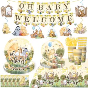 150pcs bear baby shower decorations tableware set, oh baby pooh plates and napkins banner set bear baby shower decorations, classic pooh baby shower decorations for boys girls newborn