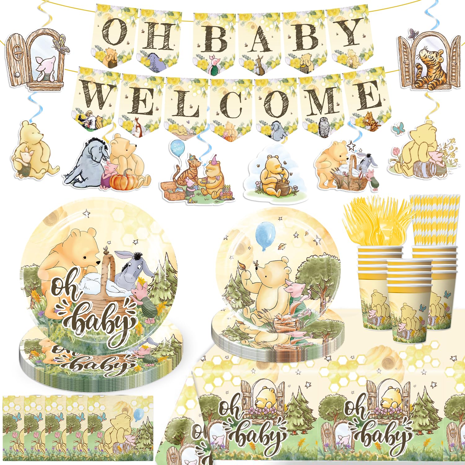 150pcs Bear Baby Shower Decorations Tableware Set, Oh Baby Pooh Plates and Napkins Banner Set Bear Baby Shower Decorations, Classic Pooh Baby Shower Decorations for Boys Girls Newborn