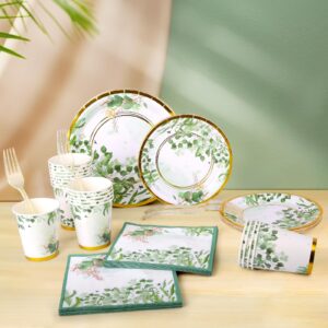 Etsutomy Sage Green Party Decoration, 126PCS Sage Green Plates and Napkins Party Supplies, Spring Greenery Eucalyptus Green Leaves Disposable Dinnerware Decor for Wedding Birthday Baby Shower