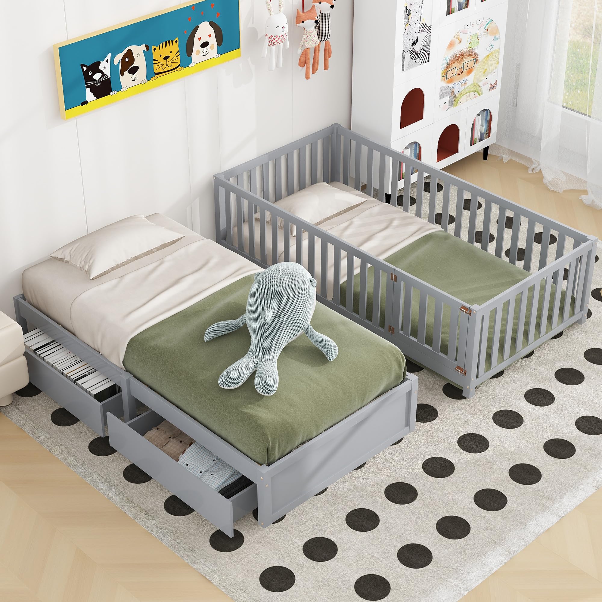 Twin Size Daybed with Fence Guardrails and 2 Drawers, Wood Twin Bed Frame Montessori Bed with Storage for Kids Girls Boys ,Can Split into Independent Floor Bed & Storage Daybed ,Grey