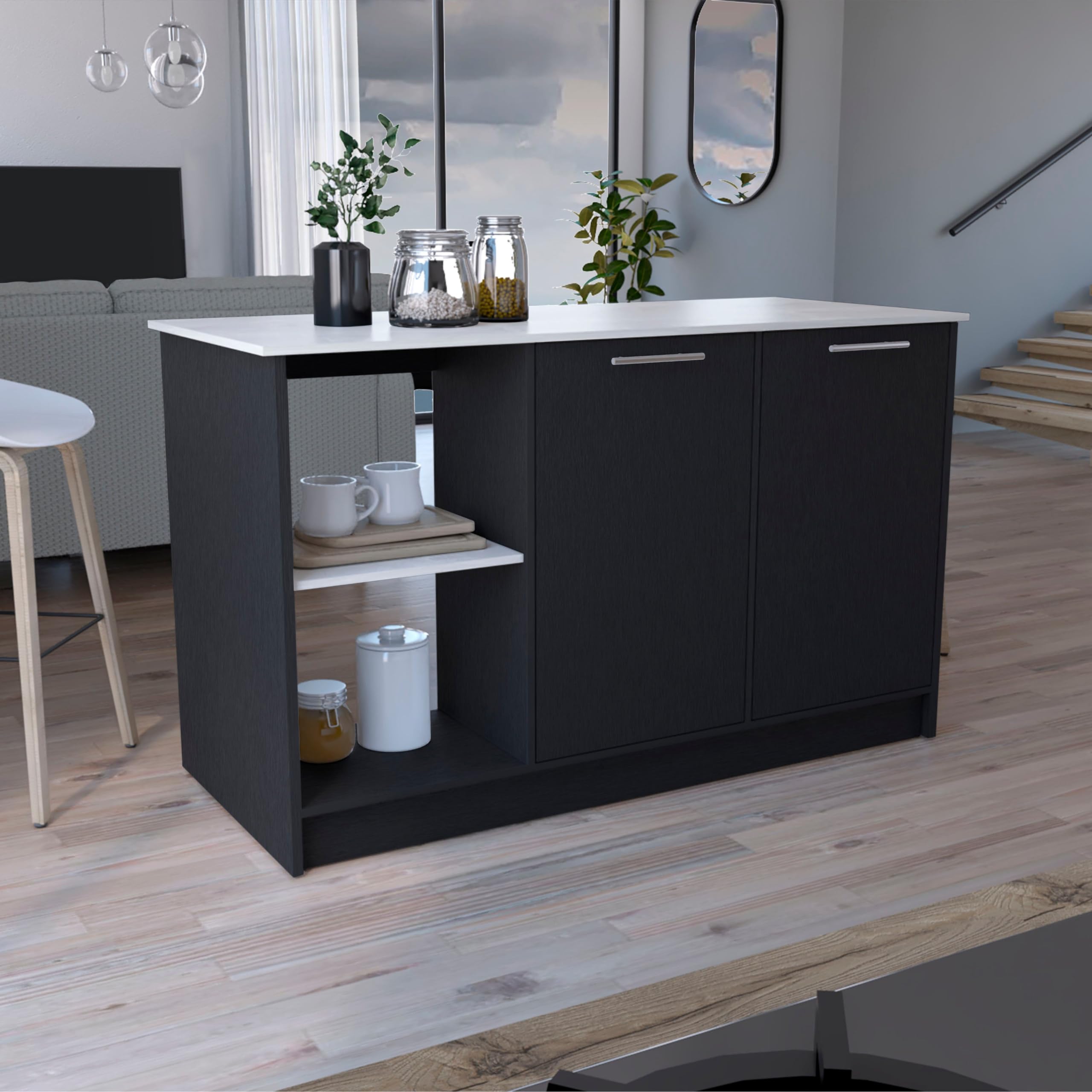 Tuhome Juniper Kitchen Island with Large Top Surface, Double Door Cabinet, and Open Shelves -Black/Onyx