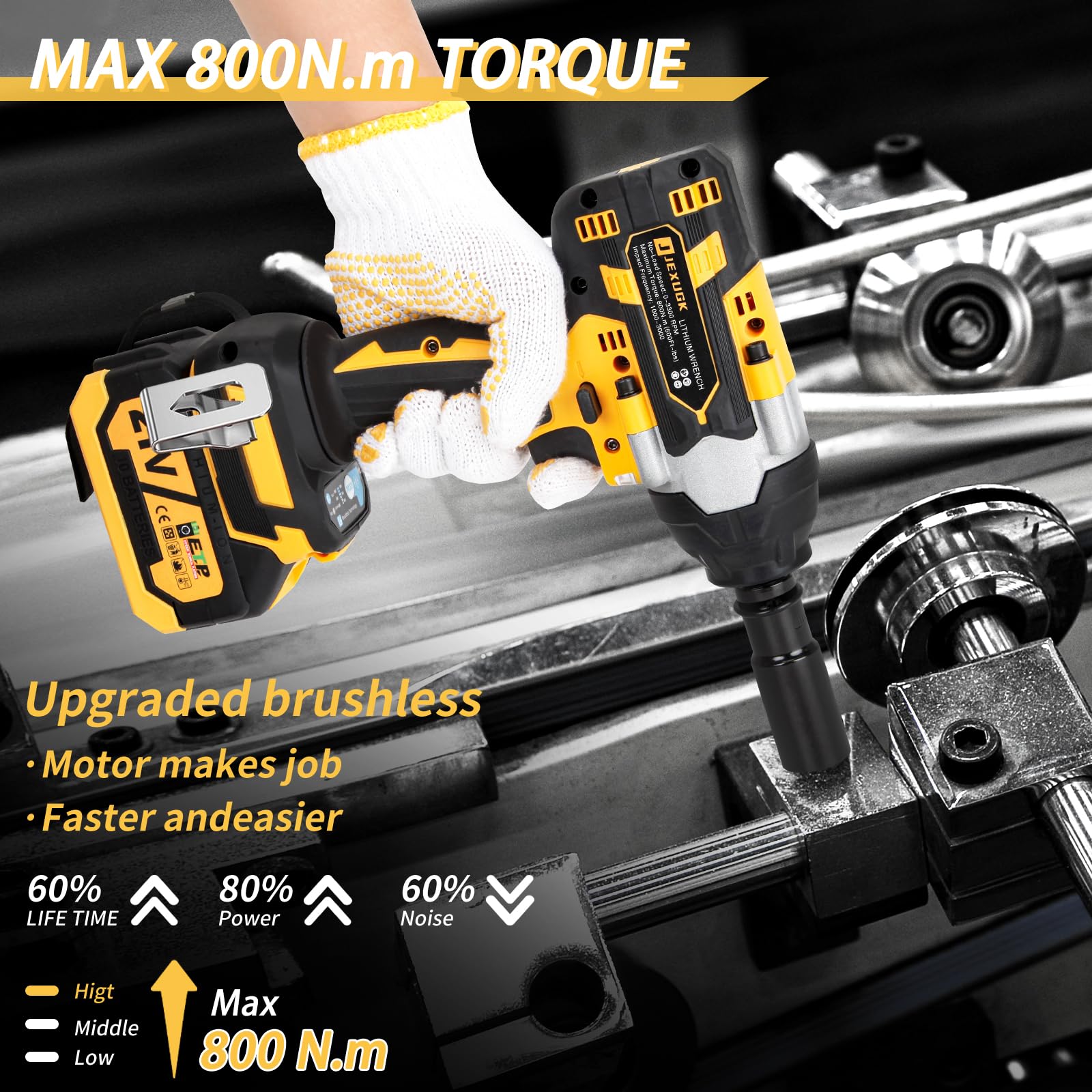 JEXUGK 800N.m Cordless Impact Wrench, 600Ft-lbs 1/2 inch Electric Impact Gun, High Torque Brushless Impact Wrench w/ 2x 4.0Ah Battery, Fast Charger & 5 Sockets for Car Lawn Mower