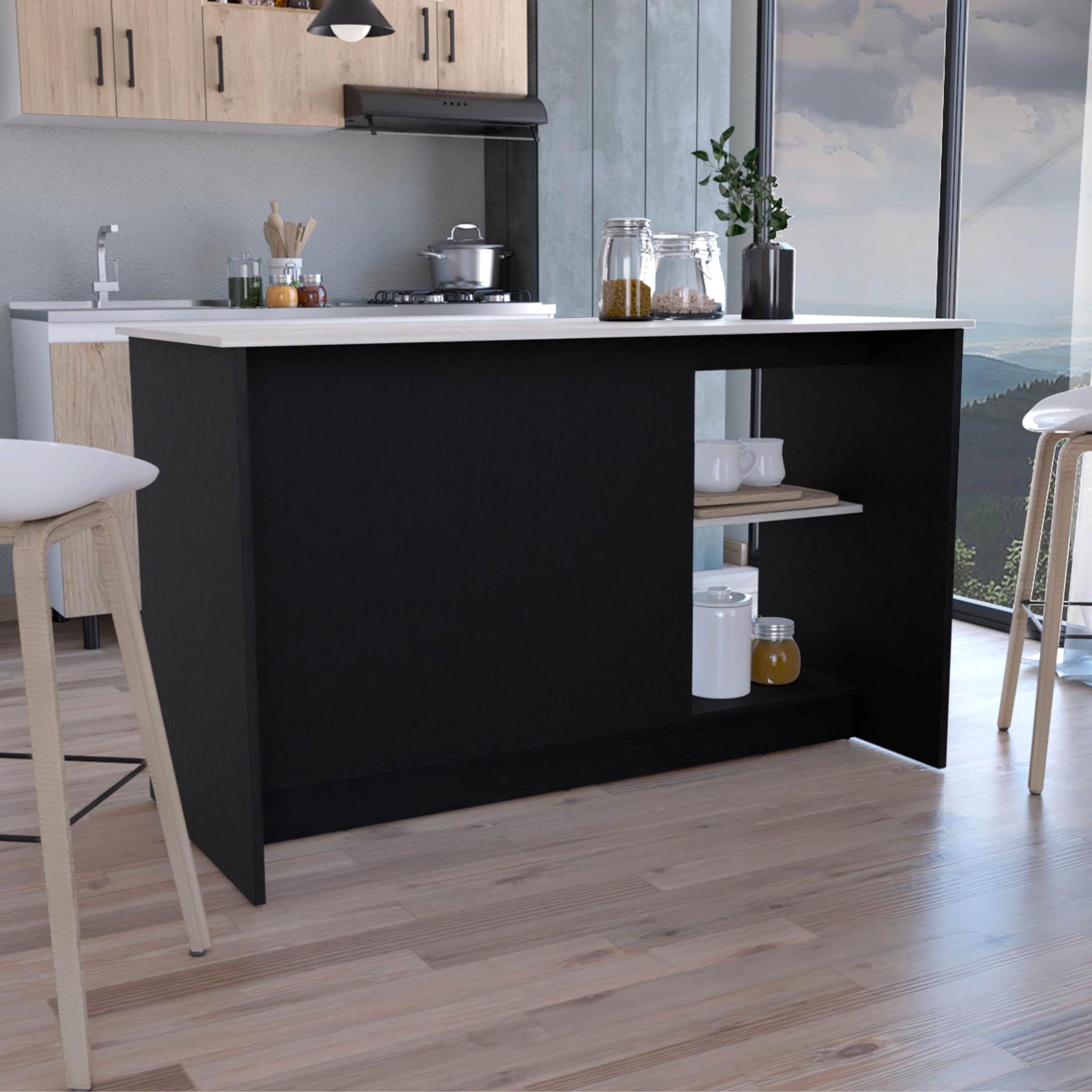 Tuhome Juniper Kitchen Island with Large Top Surface, Double Door Cabinet, and Open Shelves -Black/Onyx