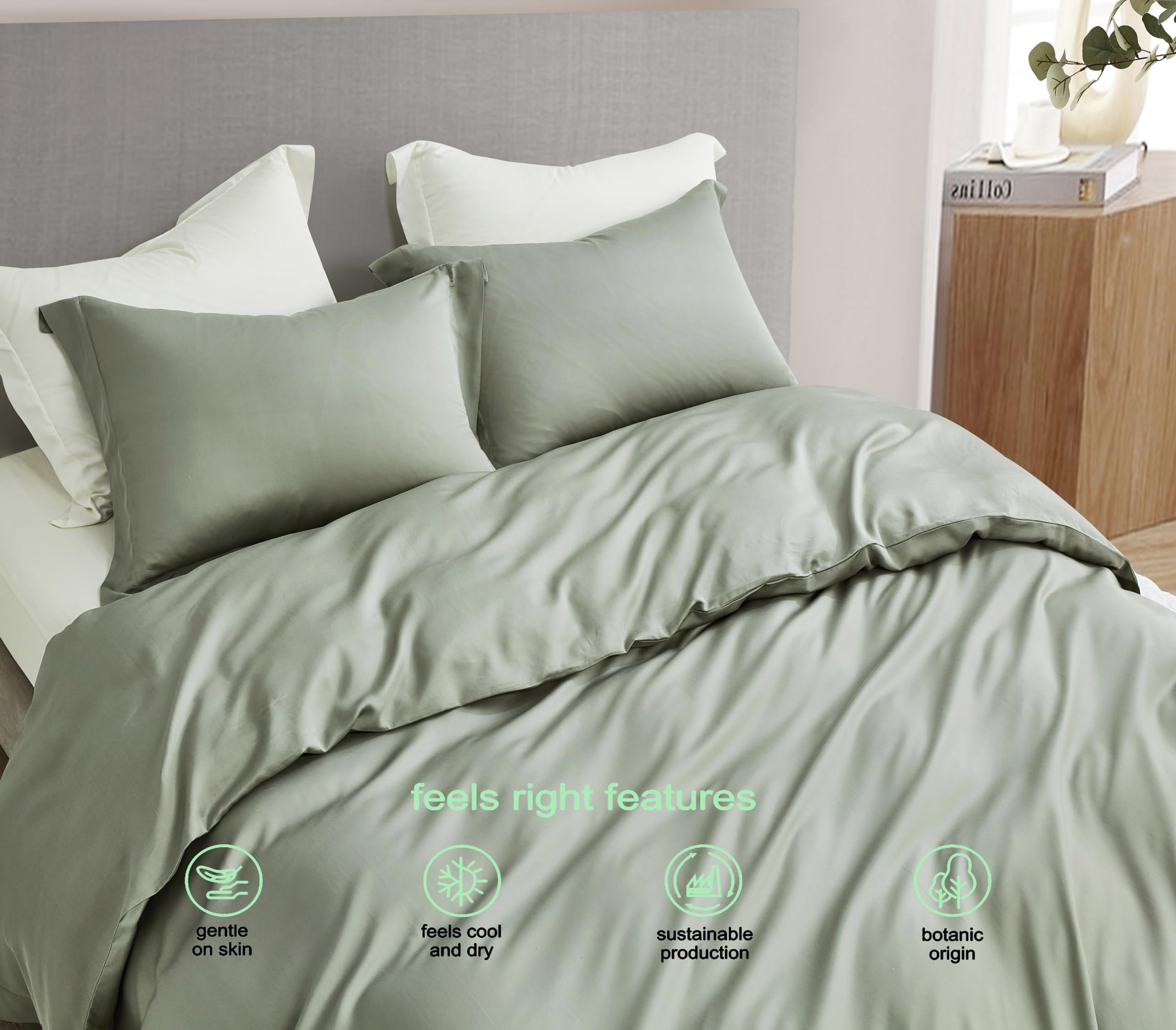 Sterling Creek 100% Tencel Lyocell Duvet Cover Set Queen Size 3-Piece Set - Luxury Soft Breathable Silky Smooth Cooling Comforter Cover with Button Closure for Hot Sleepers (Queen, Eucalyptus)