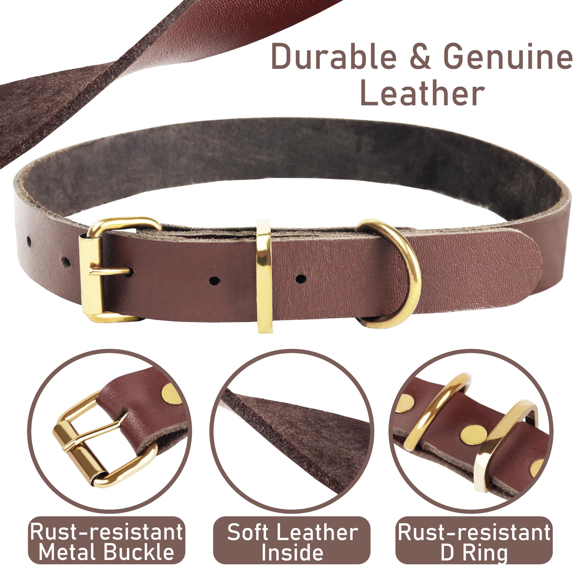 Heavy Duty Genuine Leather Dog Collar and Leash Set - 5ft Soft and Durable Leash and Collar Set with Metal Buckle - Adjustable Dog Collar Set, Compatible for Small to Medium Dogs