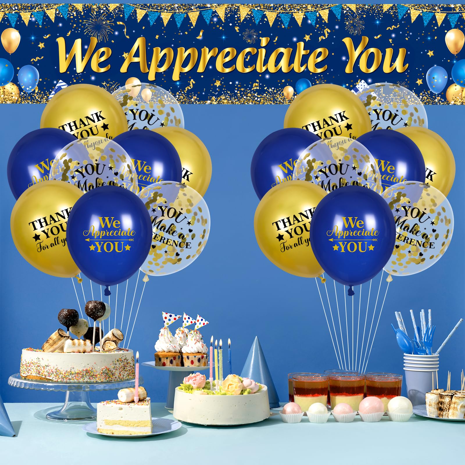 We Appreciate You Decorations Blue Gold Appreciate You Banner Yard Sign with 18 Pcs Balloons Thank You for All You Do Banner Employee Staff Appreciation Gifts Teacher Doctor Appreciation Party Decor