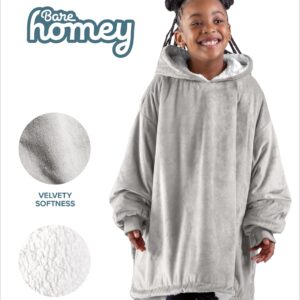 Bare Home Sherpa Fleece Wearable Blanket - Oversized Wearable Blanket Hoodie - Kids Size - Warm & Cozy - Soft Blanket - Comfortable Blanket Sweatshirt with Dual-Sided Pockets (Kids, Light Grey)