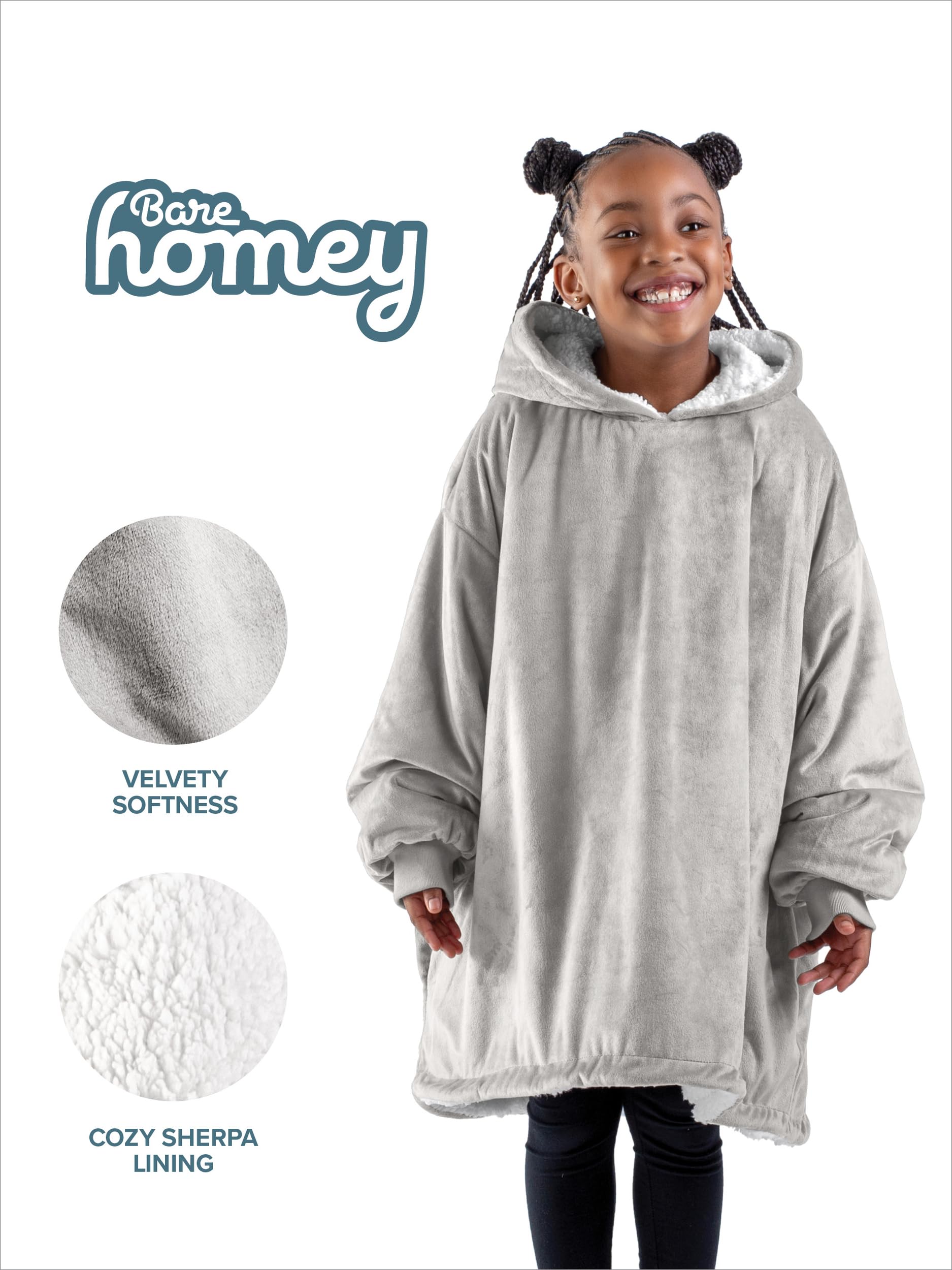 Bare Home Sherpa Fleece Wearable Blanket - Oversized Wearable Blanket Hoodie - Kids Size - Warm & Cozy - Soft Blanket - Comfortable Blanket Sweatshirt with Dual-Sided Pockets (Kids, Light Grey)