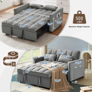 SumKea Pull Out Couch Bed Sleeper Sofa, Velvet 3-in-1 loveseat Sofa Bed with Pull-Out Bed, Two Throw Pillows, Grey