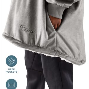 Bare Home Sherpa Fleece Wearable Blanket - Oversized Wearable Blanket Hoodie - Kids Size - Warm & Cozy - Soft Blanket - Comfortable Blanket Sweatshirt with Dual-Sided Pockets (Kids, Light Grey)