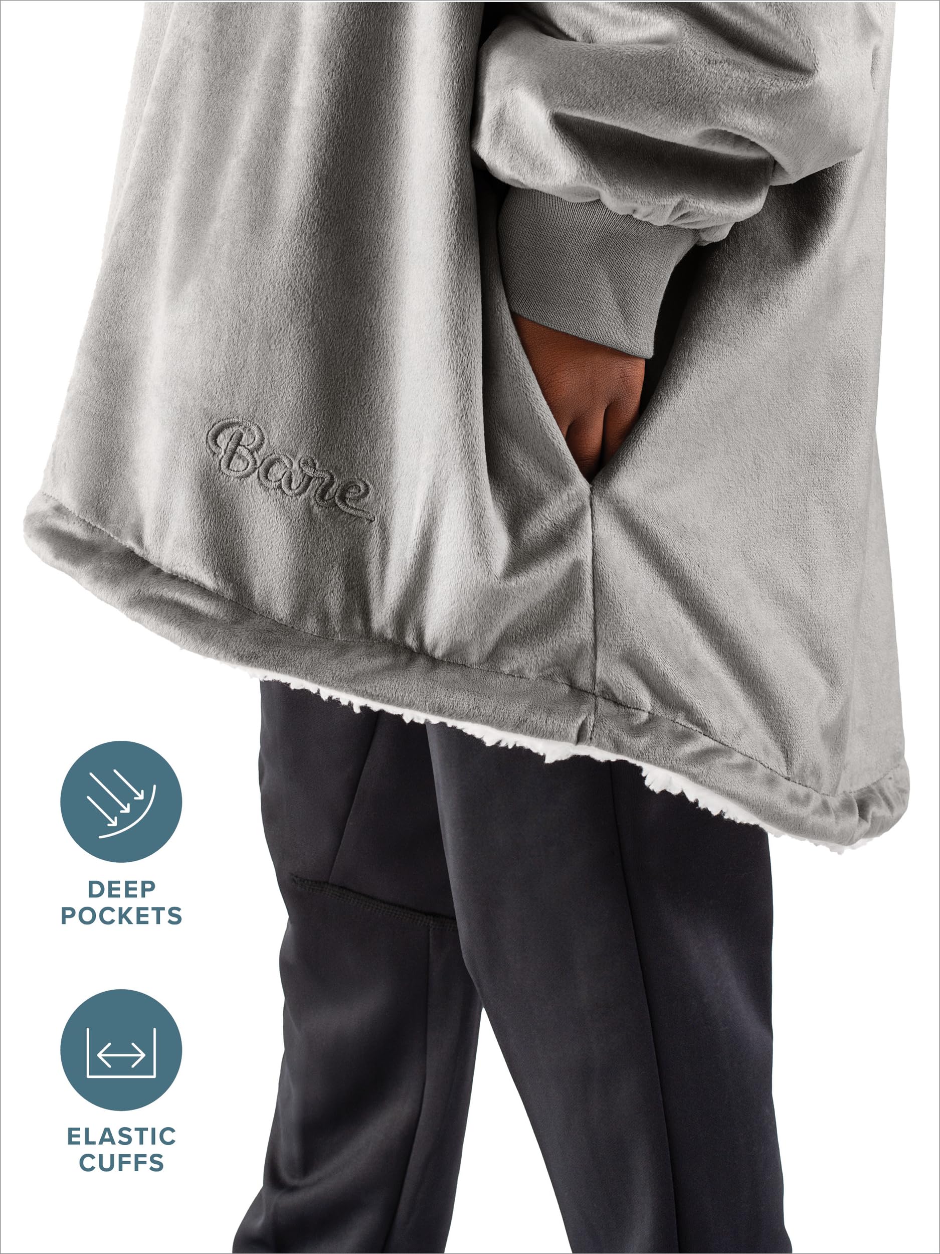 Bare Home Sherpa Fleece Wearable Blanket - Oversized Wearable Blanket Hoodie - Kids Size - Warm & Cozy - Soft Blanket - Comfortable Blanket Sweatshirt with Dual-Sided Pockets (Kids, Light Grey)