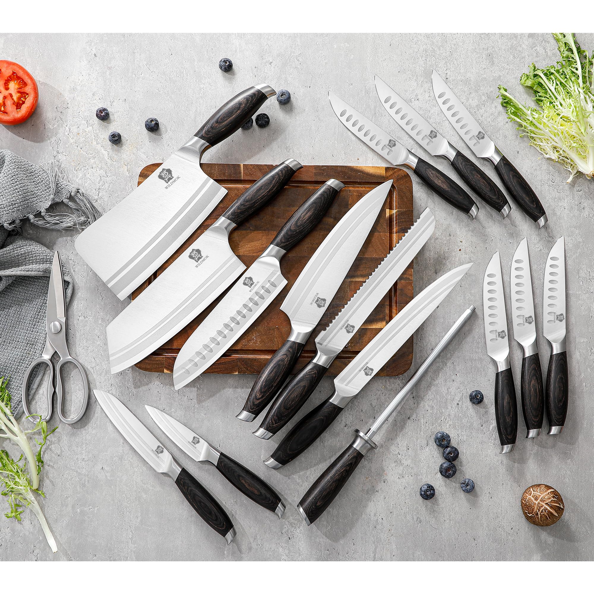 WILDMOK Kitchen Knife Block Set, 17-piece Knife Set with Wooden Block German Steel Kitchen Knives Sets with Bone Chopper, Gift Box