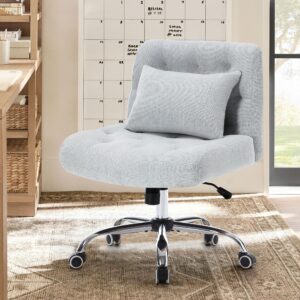 armless fabric office desk chair with wheels, cross legged wide seat chair, modern home office chair with lumbar pillow, comfortable computer task chair for small space, vanity chair for women, girls